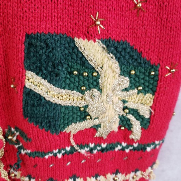 Tiara International Women's Large Red Knit Beaded Ugly Christmas Sweater Vest - Picture 7 of 12